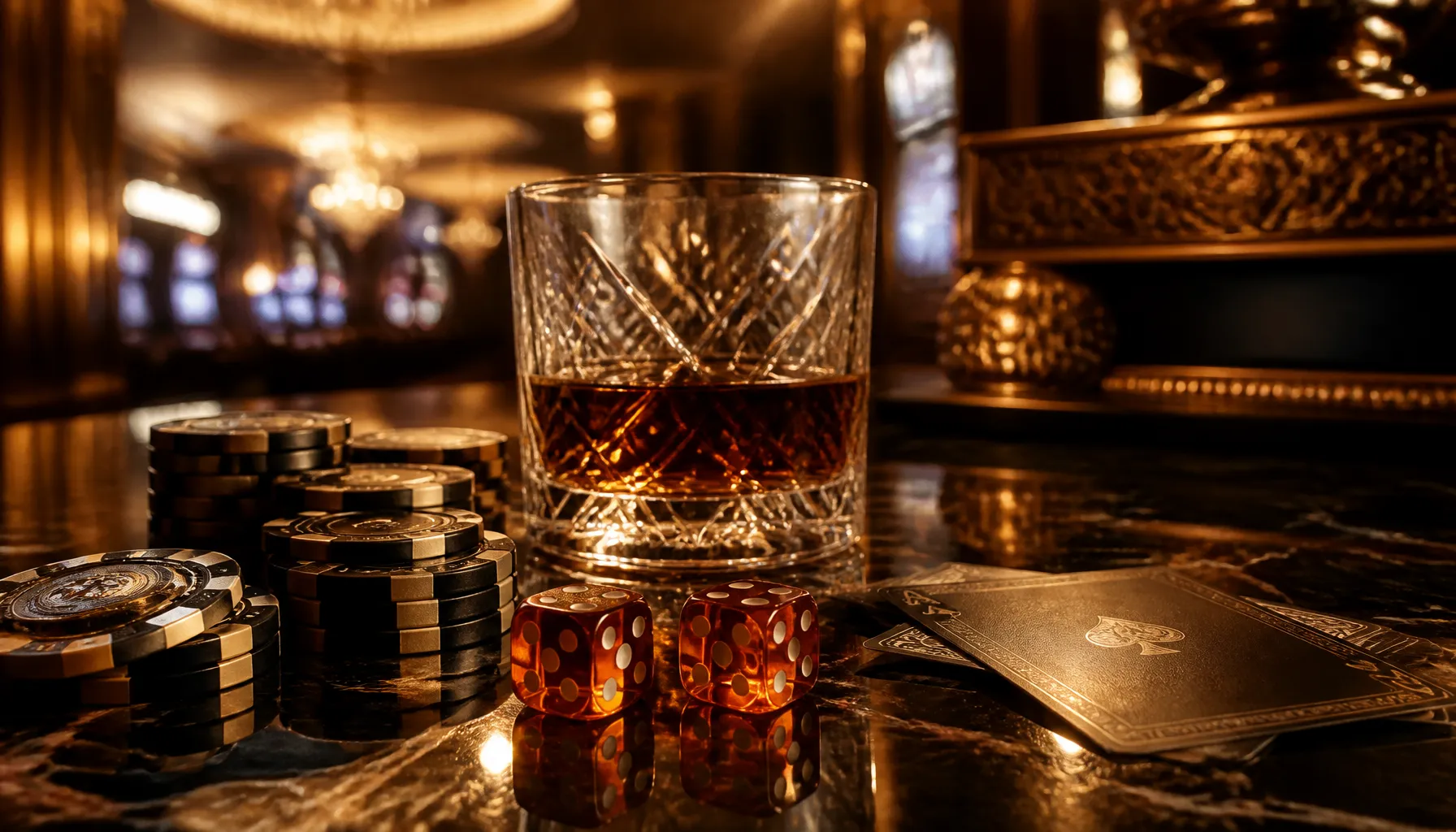 Luxury casino gold chips and playing cards fanned on dark dramatic surface with cinematic warm lighting