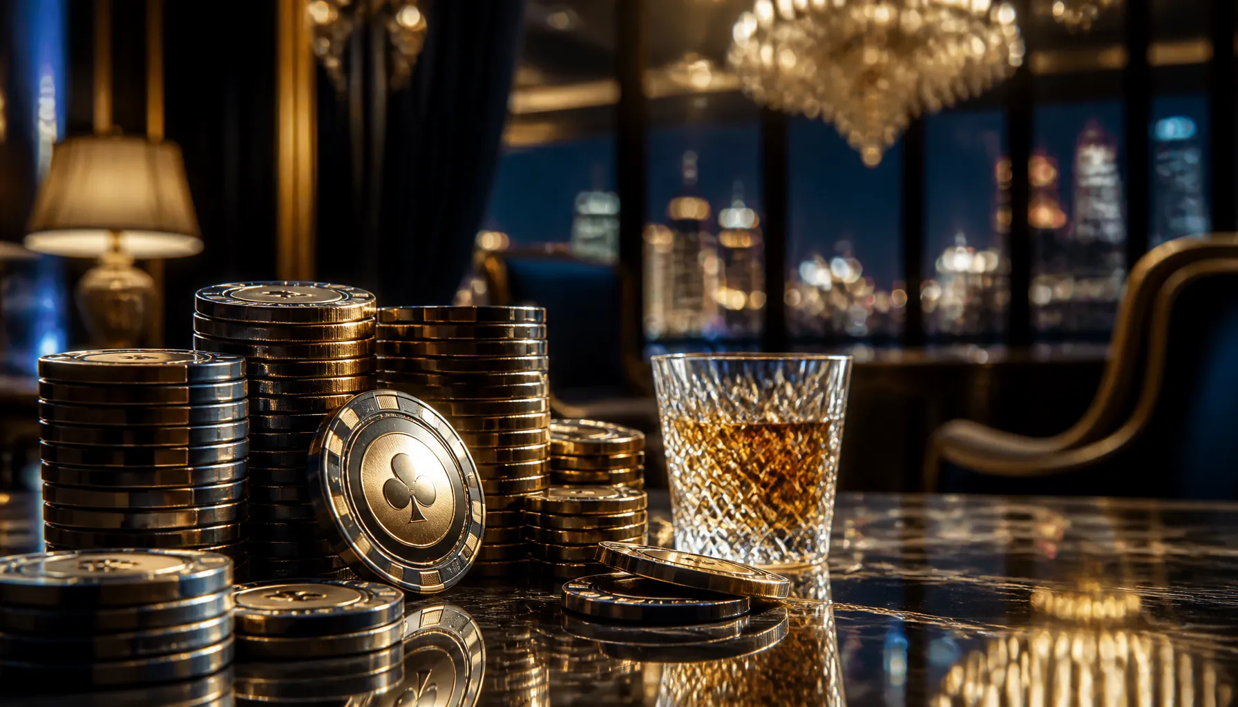 Scattered luxury gold casino chips exploding dramatically on a dark velvet surface with cinematic lighting