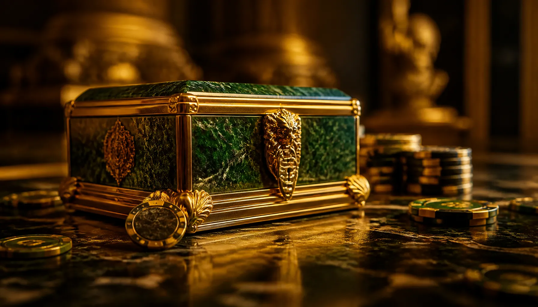 Cinematic close-up of scattered premium casino chips and a crystal die on a cracked gold marble surface with dramatic warm li