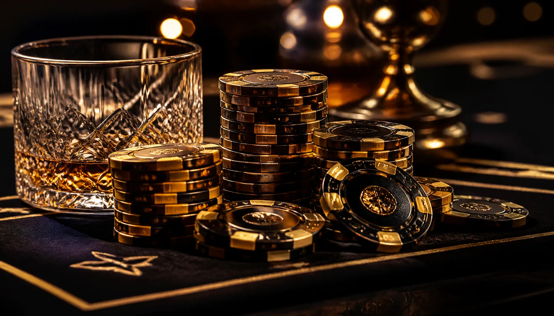 Dramatic close-up of gleaming gold casino chips mid-explosion against a dark cinematic background with warm amber light